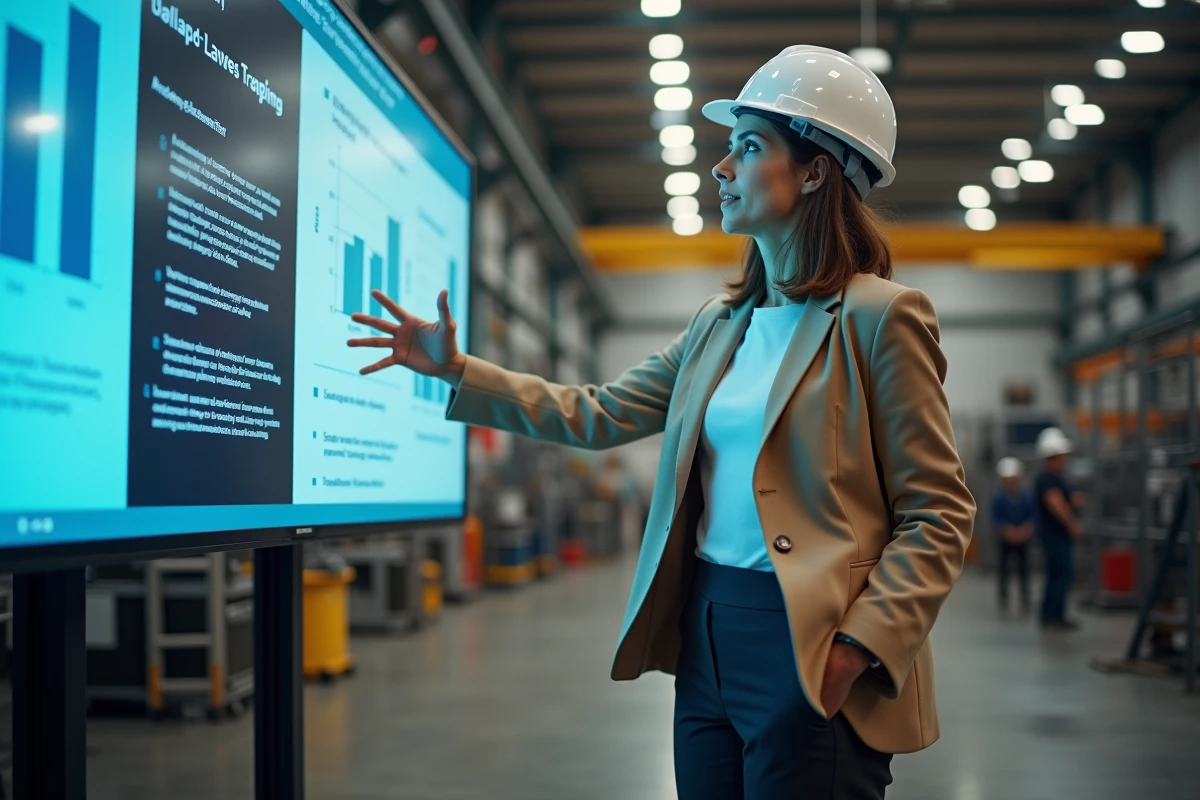 Femme cadre présentant des données stratégiques liées au mémorandum entrepreneurial dans une usine industrielle