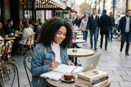 Femme souriante dans un café parisien en denim et blanc