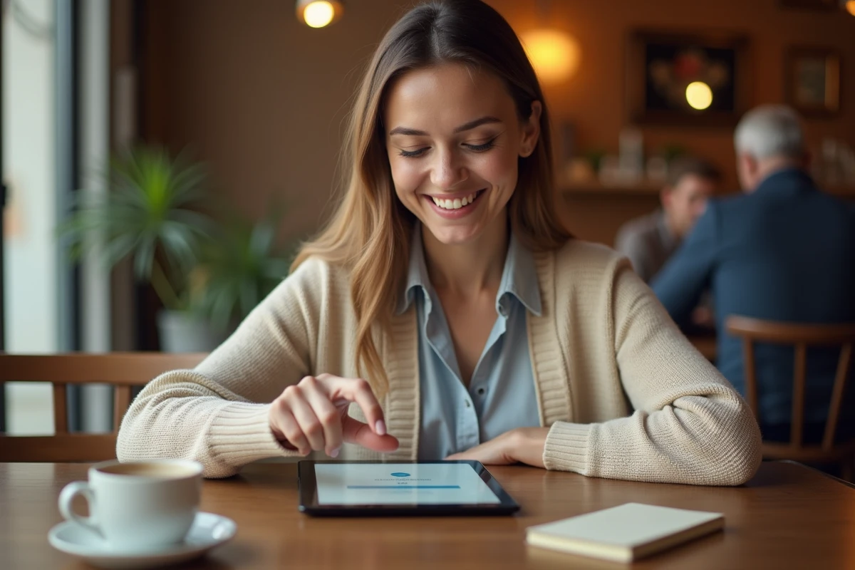 Jeune femme dans un café utilisant une tablette pour réinitialiser son mot de passe sur le portail extranet a2micile