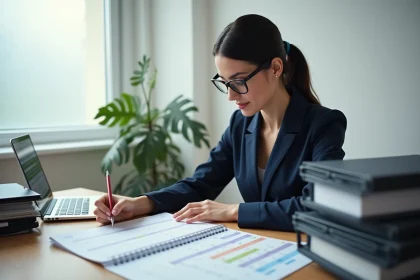 Femme professionnelle annotant un calendrier imprimé pour calculer des délais légaux en jours ouvrés et ouvrables