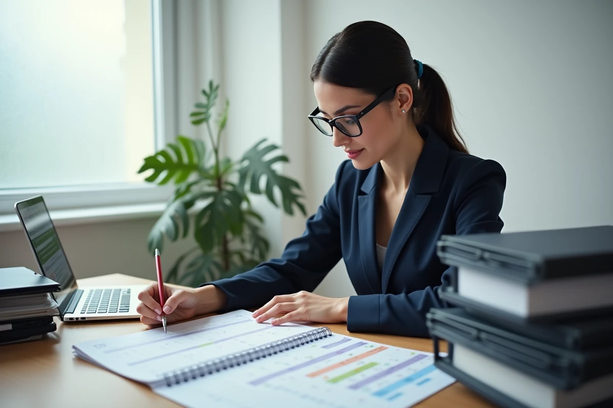 Femme professionnelle annotant un calendrier imprimé pour calculer des délais légaux en jours ouvrés et ouvrables