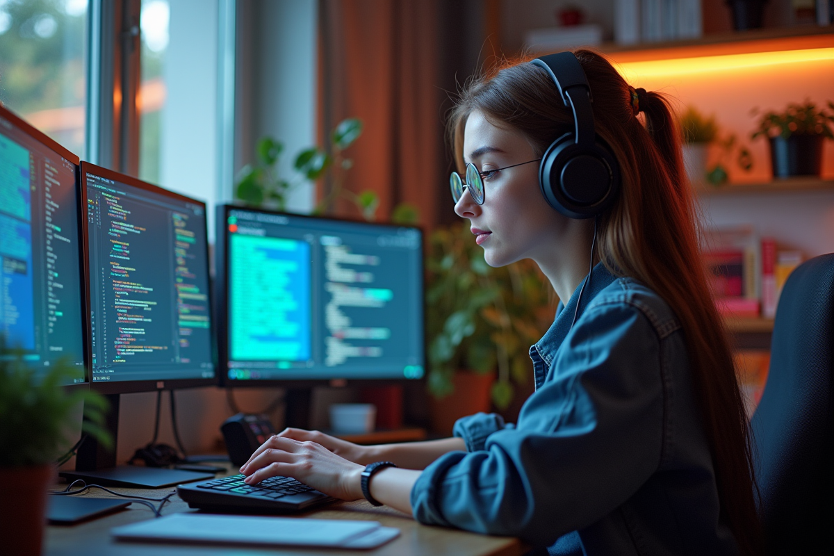 Jeune femme concentrée sur le codage à la maison avec gadgets
