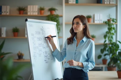 Femme en r&eacute;union esquissant une carte mentale dans un bureau moderne