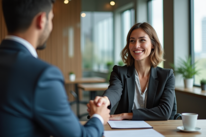 Femme confiante serrant la main d'un client dans un bureau moderne