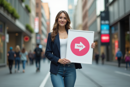 Femme confiante avec affiche publicitaire en ville