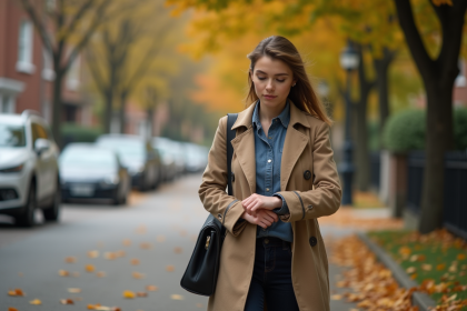 Jeune femme en trench marche dans un quartier r&eacute;sidentiel en automne