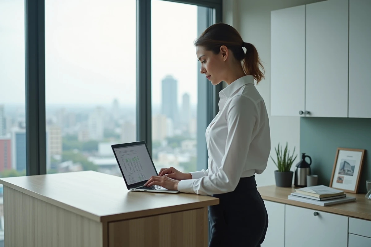 Femme cheffe d'entreprise travaillant seule debout à son bureau avec un ordinateur portable, symbolisant la scalabilité d'un business sans équipe
