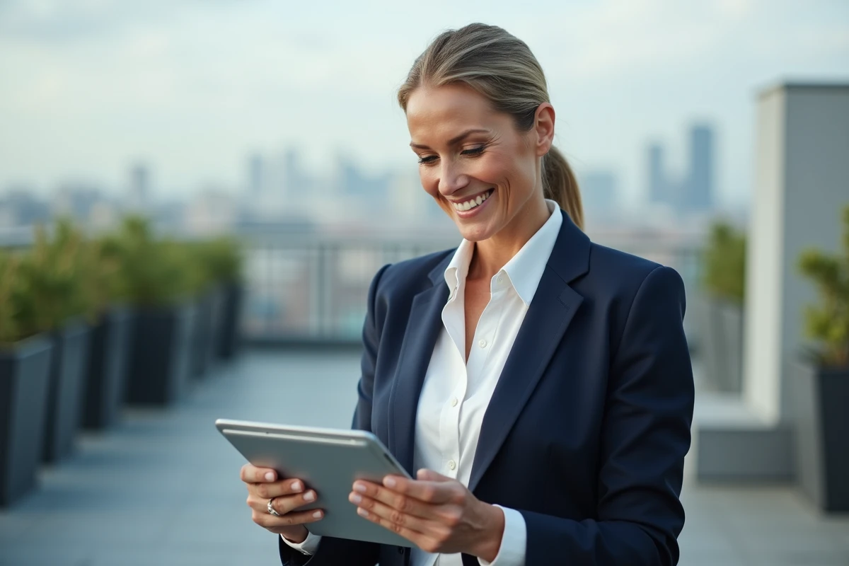 Femme cadre regardant une tablette en extérieur sur un toit