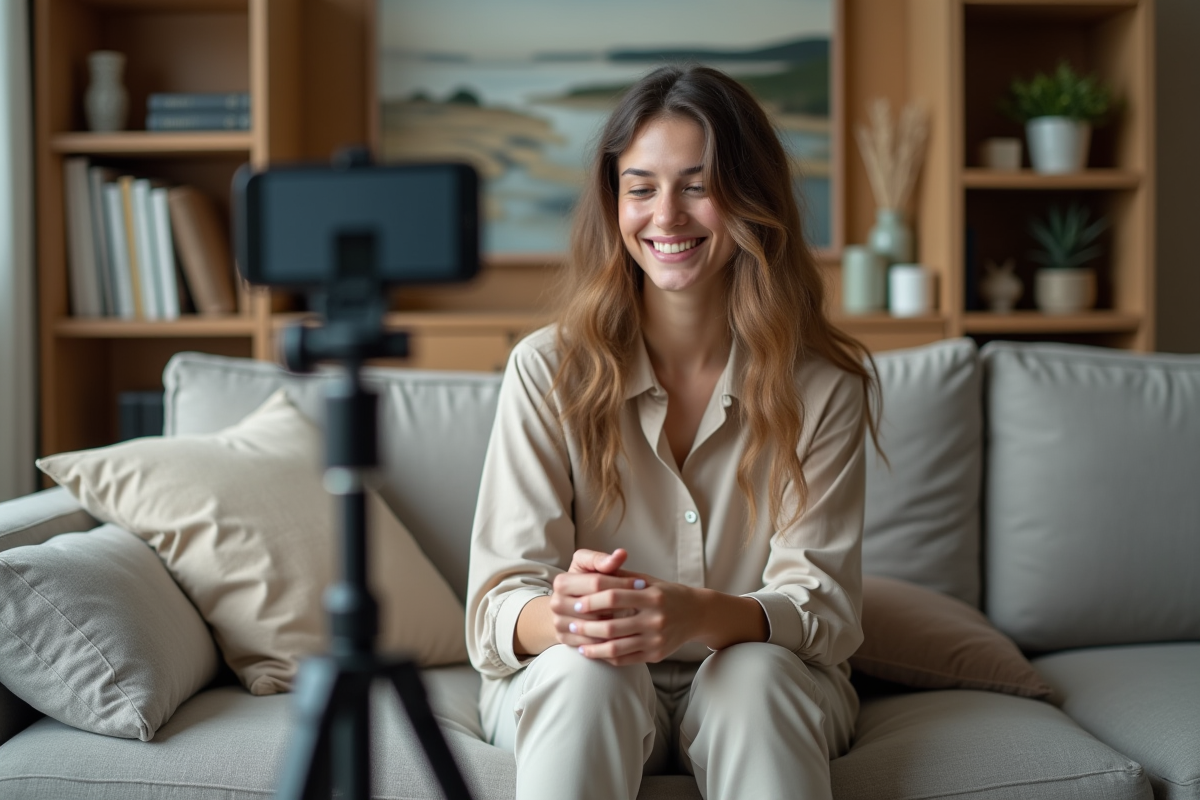 Jeune femme filmant une vidéo à la maison avec smartphone