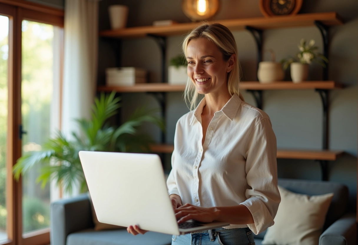 Femme détendue utilisant son ordinateur pour voir offres CE Loxam