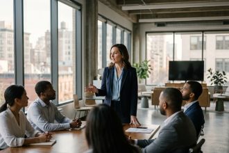 Femme en costume navy dirige une réunion en entreprise