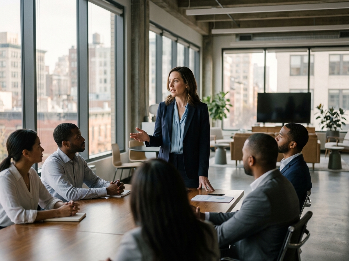 Femme en costume navy dirige une réunion en entreprise