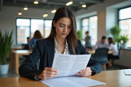 Femme consultant un document de codes m&eacute;tiers ROME dans un bureau moderne, illustrant la lecture et la compr&eacute;hension des fiches emploi