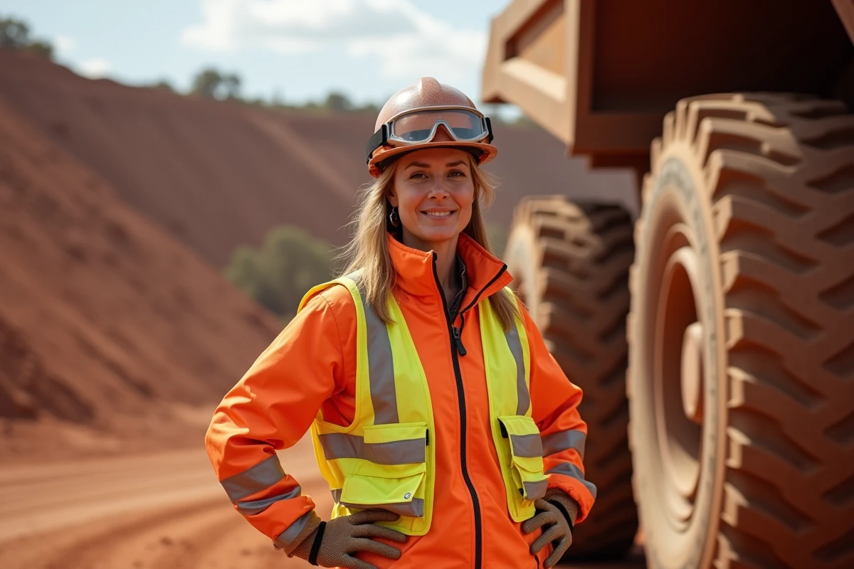 Femme ingénieure en tenue de sécurité debout près d'un camion minier dans une mine à ciel ouvert en Australie-Occidentale