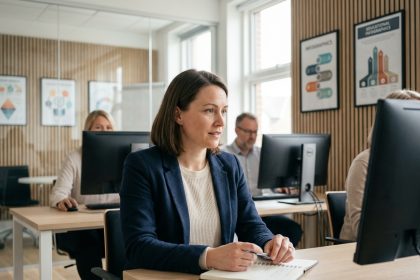 Femme en formation prenant des notes dans une salle moderne