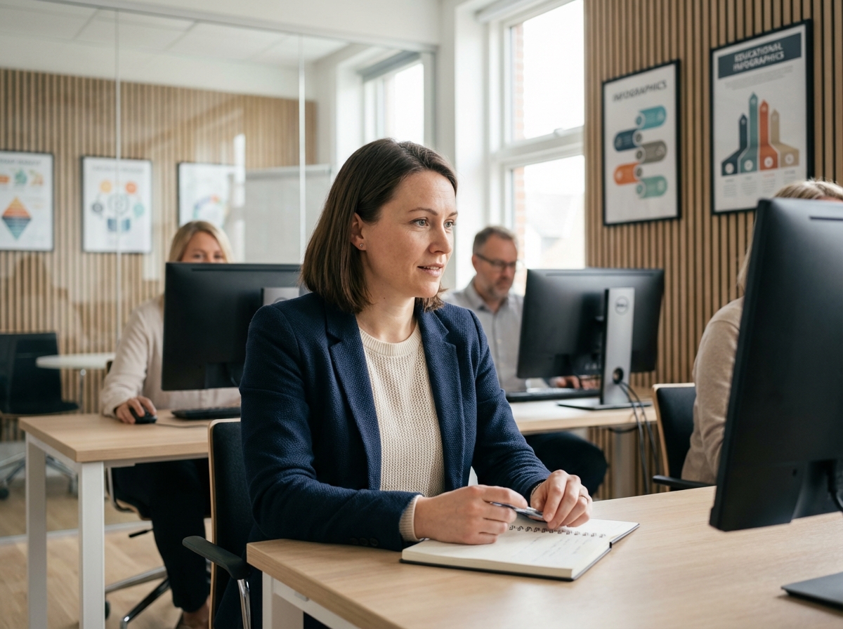 Femme en formation prenant des notes dans une salle moderne