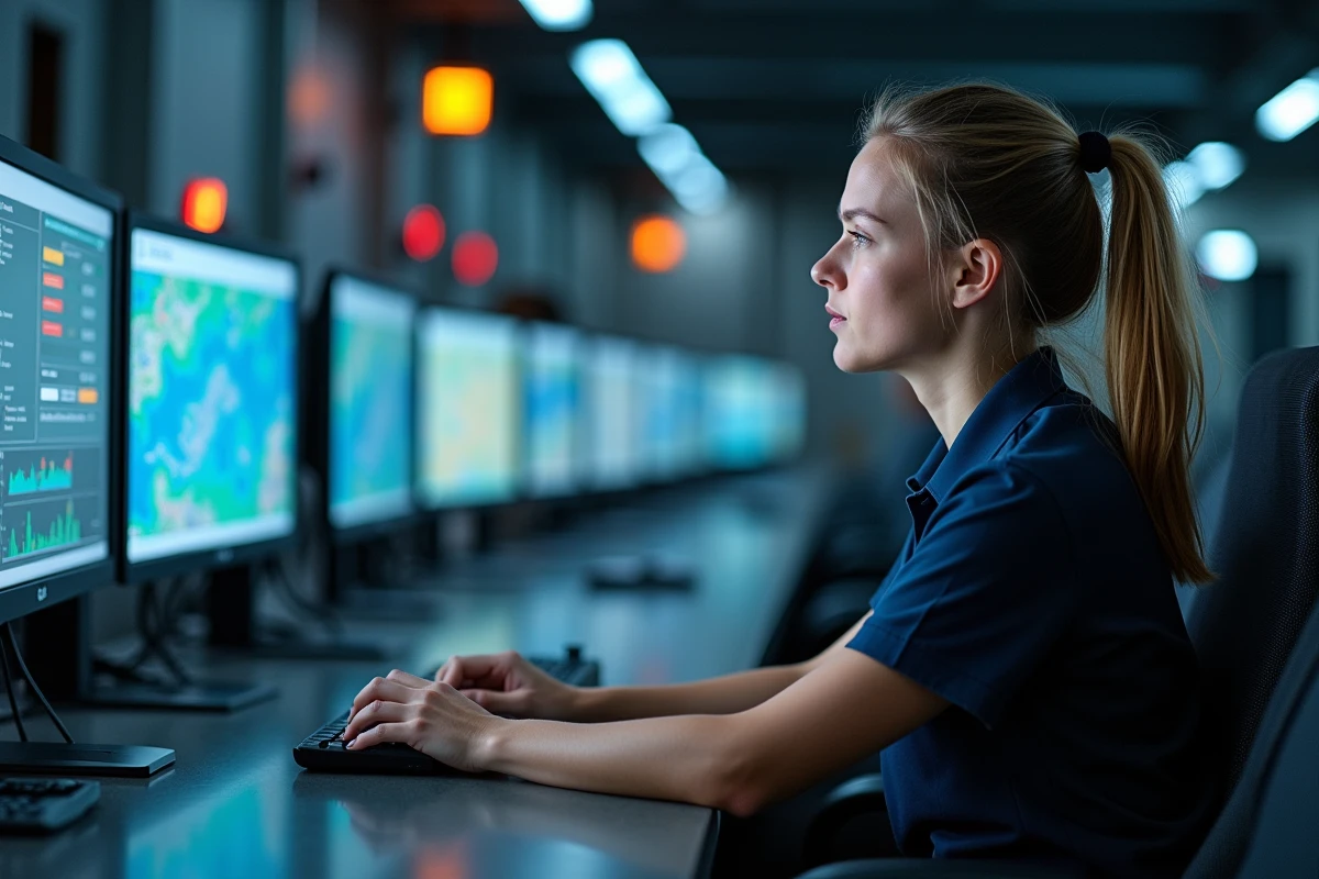 Femme opératrice dans une salle de contrôle de mine moderne surveillant les équipements à distance en Australie