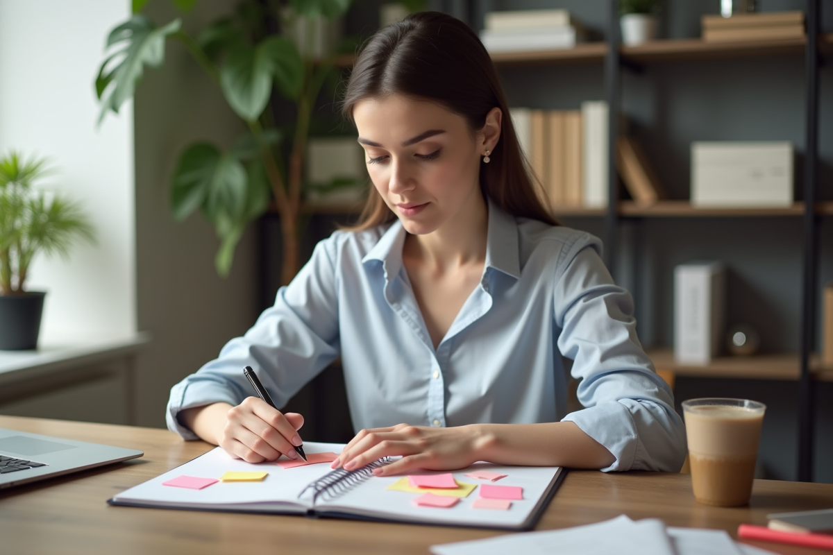 Femme organisant des notes colorées sur un planner dans un bureau lumineux