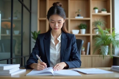 Jeune femme en costume organise des dossiers au bureau