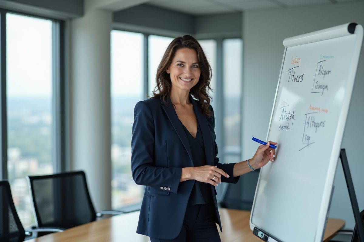 Femme confiante en réunion avec tableau blanc