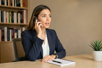 Femme professionnelle en blazer marine téléphonant à un recruteur depuis son bureau à domicile