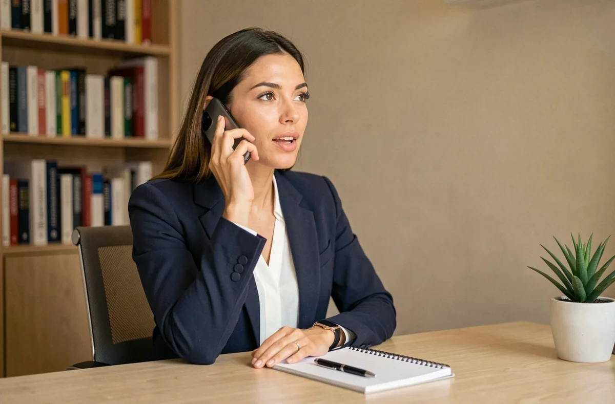Femme professionnelle en blazer marine téléphonant à un recruteur depuis son bureau à domicile