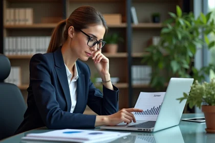 Femme professionnelle en blazer navy travaillant sur un graphique