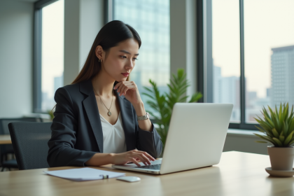 Jeune femme professionnelle travaillant sur son ordinateur dans un bureau moderne