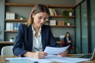 Femme professionnelle examine des documents de conformité au bureau