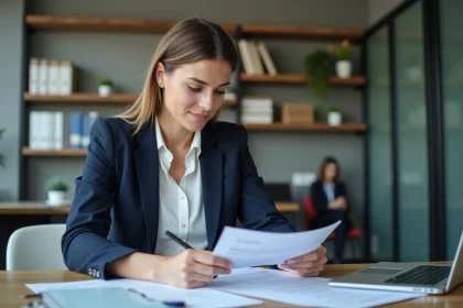 Femme professionnelle examine des documents de conformit&eacute; au bureau