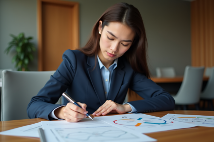 Jeune femme en costume navy analysant des diagrammes marketing