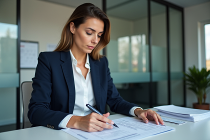 Femme professionnelle en r&eacute;union avec documents officiels