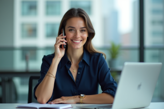 Femme professionnelle souriante parlant au smartphone dans un bureau moderne