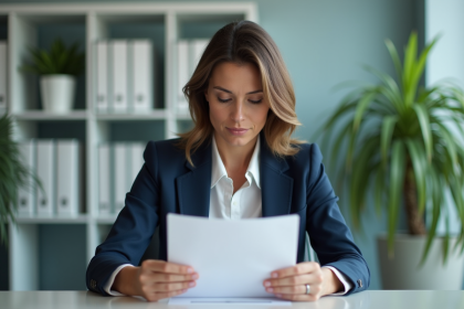 Femme en blazer lisant une lettre dans un bureau lumineux