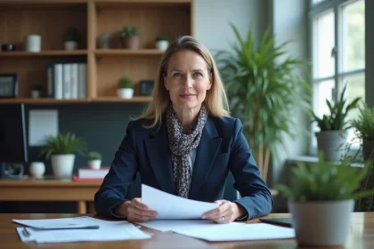 Femme en costume dans un bureau moderne et lumineux