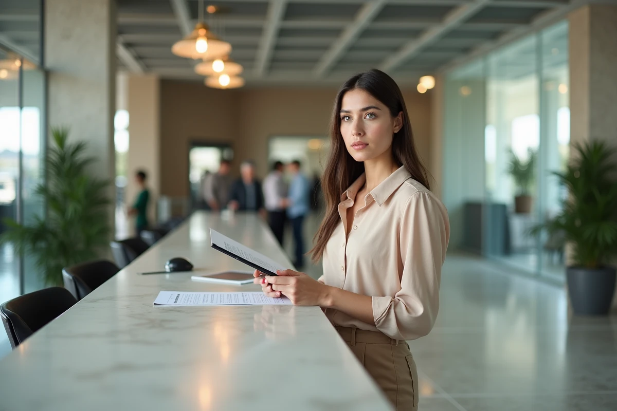 Jeune femme hésite avant de signer un contrat à la reception