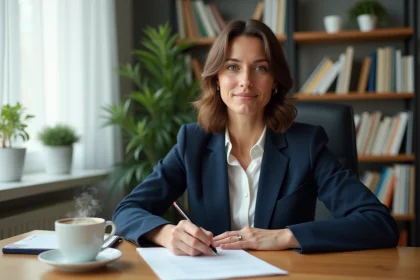 Femme professionnelle rédigeant une lettre de démission manuscrite à son bureau à domicile