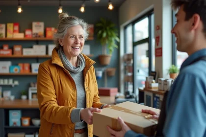 Femme d'&acirc;ge moyen remet un colis &agrave; un commer&ccedil;ant dans un magasin moderne