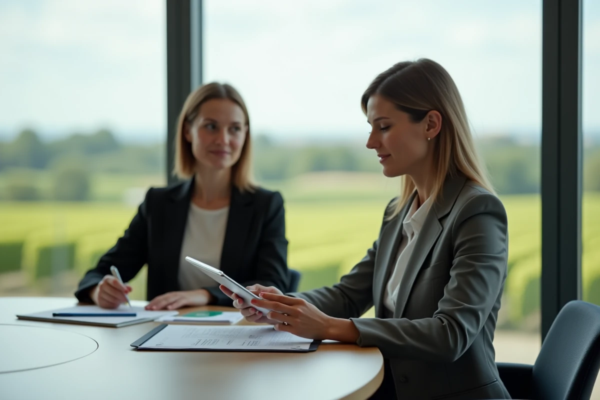 Femme en r&eacute;union avec tablette et papiers dans une salle avec vue sur vignoble