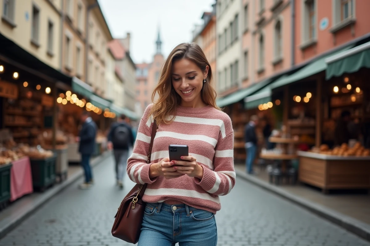 Femme souriante v&eacute;rifiant son smartphone en ville