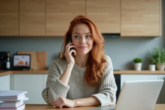Femme au téléphone dans une cuisine moderne chaleureuse