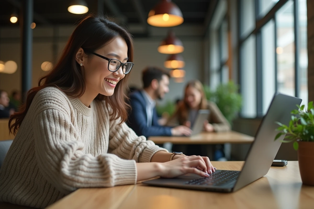 Femme souriante travaillant sur son ordinateur dans un espace coworking