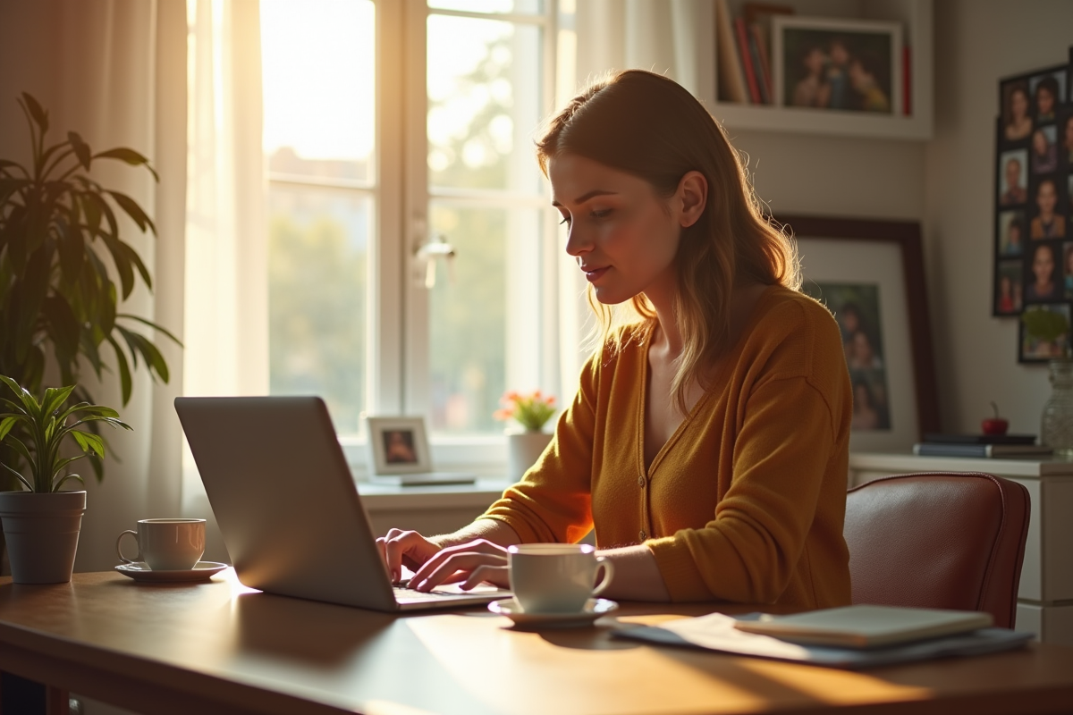Femme travaillant sur un ordinateur portable à un bureau moderne avec lumière naturelle