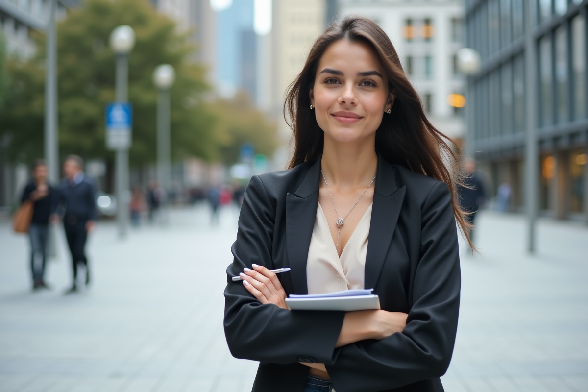 Jeune femme confiante en ville avec un carnet
