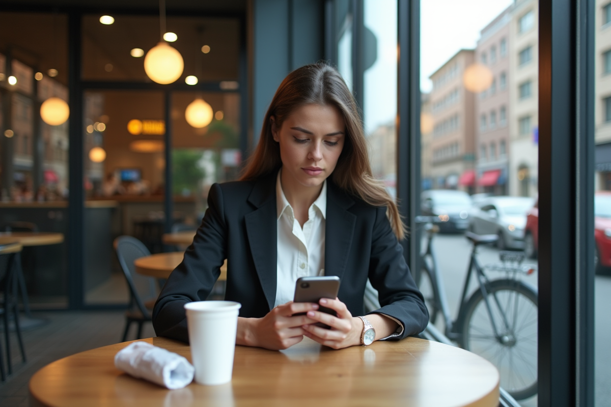 Jeune femme au café avec gobelets en plastique et téléphone