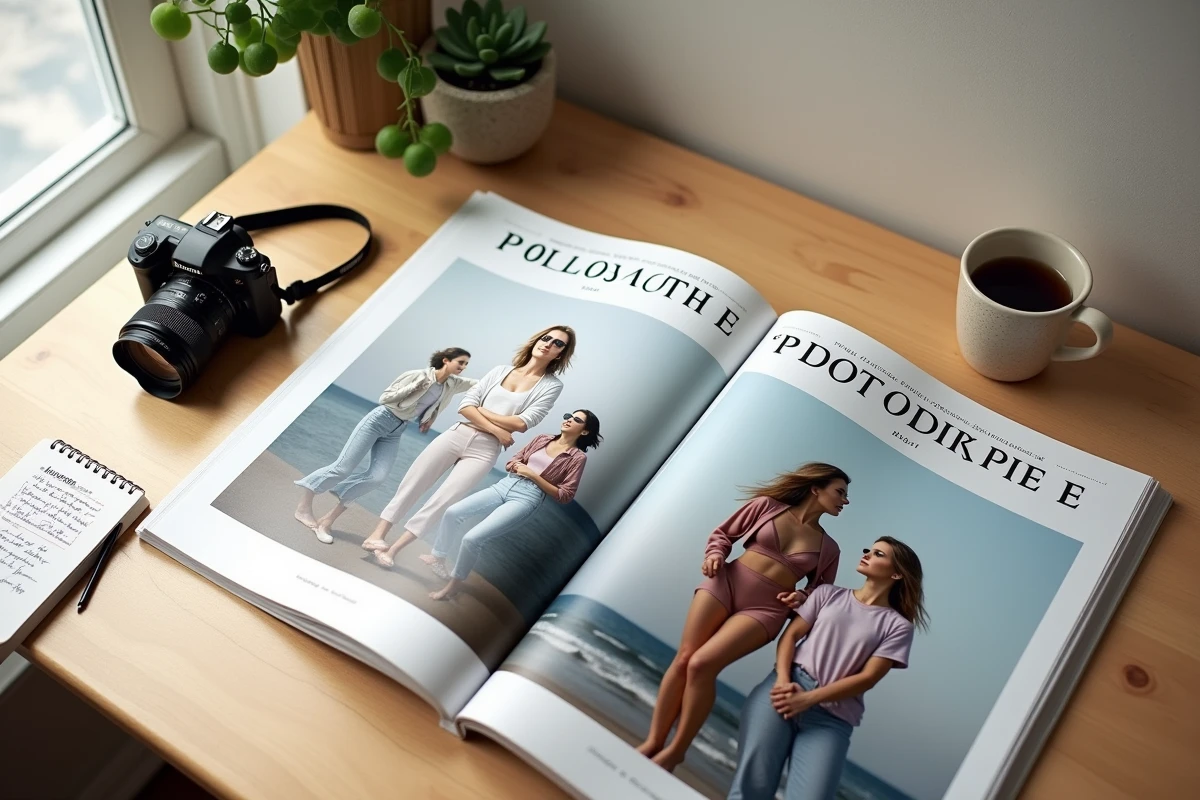 Flat lay éditorial de plusieurs numéros du magazine SLR avec matériel photo professionnel, évoquant l'identité éditoriale du groupe SLR Editions