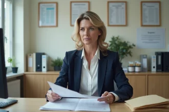 Fonctionnaire de catégorie A en blazer marine consultant des documents de salaire dans un bureau municipal français