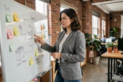 Fondatrice de startup présentant un schéma MVP sur un tableau en verre dans un espace de coworking moderne