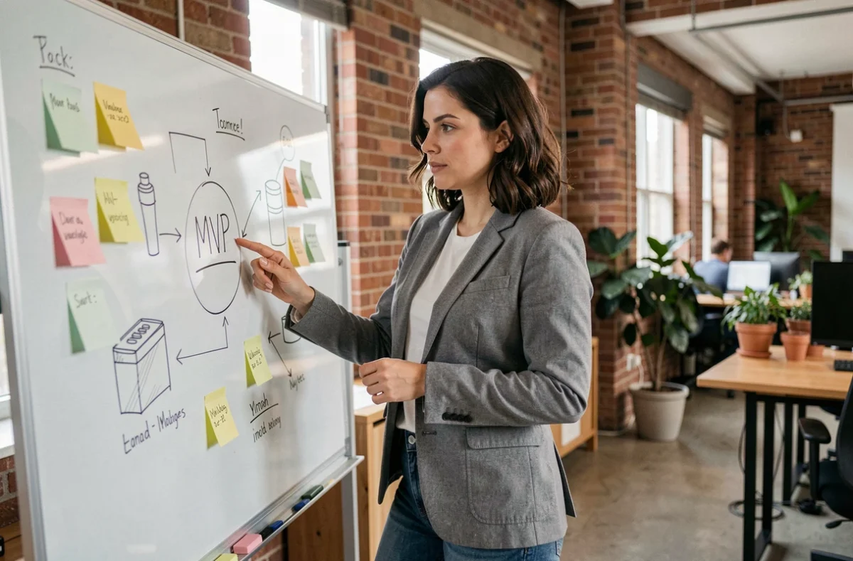 Fondatrice de startup présentant un schéma MVP sur un tableau en verre dans un espace de coworking moderne