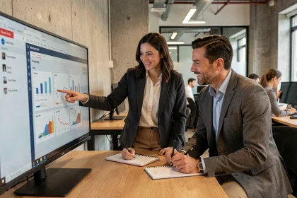 Équipe professionnelle en formation sur un logiciel de gestion en entreprise, autour d'un écran partagé